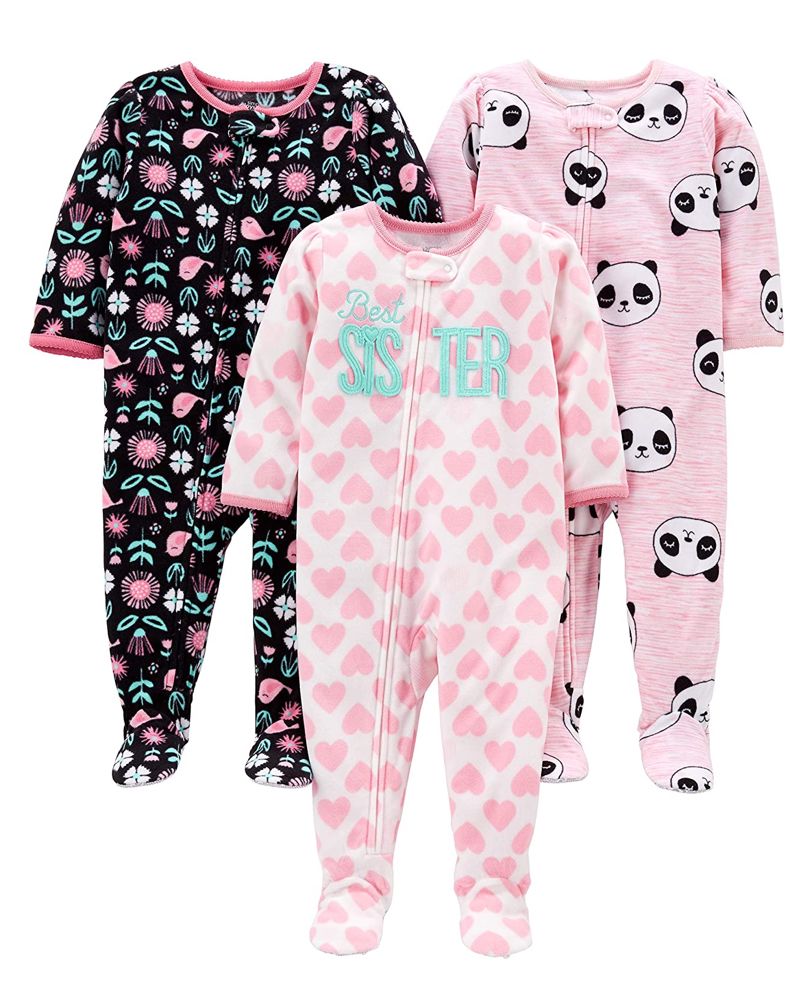 3 Pijamas en Fleece Diseño Corazones y Pandas